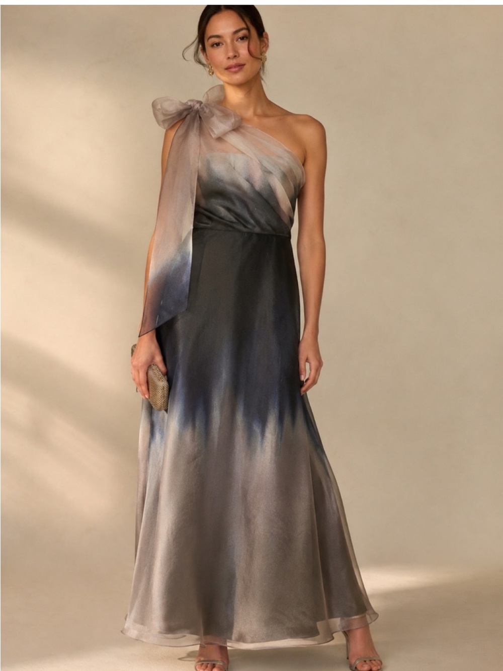 Kay Unger Victoria Ombré One Shoulder Satin Gown Dress Black/Tea Rose